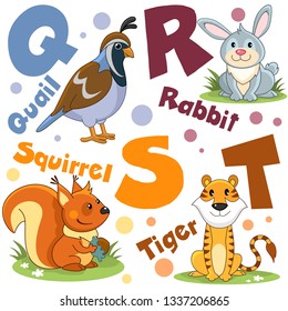 A set of letters with pictures of animals, words from the English alphabet. For the education of children.Character animals and birds quail, hare, rabbit, squirrel with a nut and a tiger.