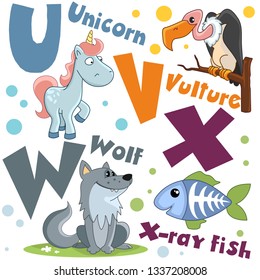 A set of letters with pictures of animals, words from the English alphabet. For the education of children. Animal characters are wolf, rengen fish, bird vulture and unicorn.