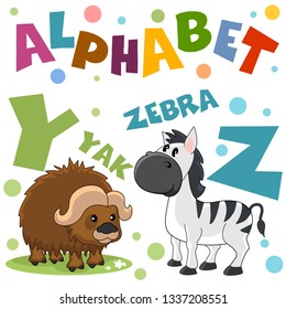 Un conjunto de letras con fotos de animales, palabras del alfabeto inglés. Para la educación de los niños. Caracteres animales cebra y yak.