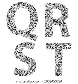 Set of  letters  Q, R, S and T, made with hand drawn leaves, vector illustration, part of collection