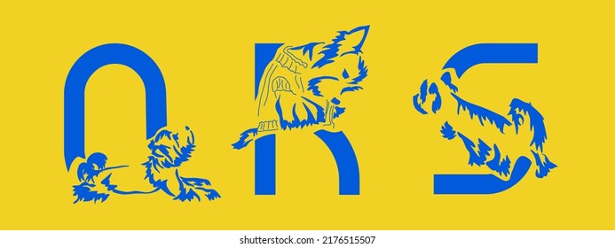 Juego de letras Q, R, S con Yorkshire terrier. Alfabeto decorativo inusual. Alfabeto de perro basado en el diseño gestalt