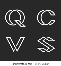 Set letters S, C, Q, V monogram logos mockup, black and white linear hipster initials identity creative minimal style emblem