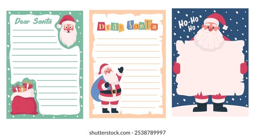 Set of Letters to Santa Claus Christmas Cards with Space for Wishes Vector Illustration