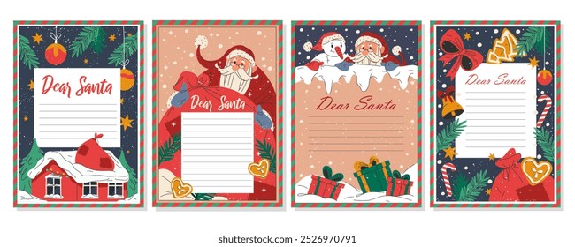 Set of letters to Santa Claus. Vector empty templates. Blank paper or cards for kids wishlist. Printable cartoon documents or postcards with Christmas decorations and characters of Santa and snowman.