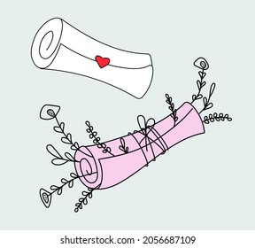 A set of letters scrolls with love in the style of doodle. For Valentine's Day. Vector illustration.