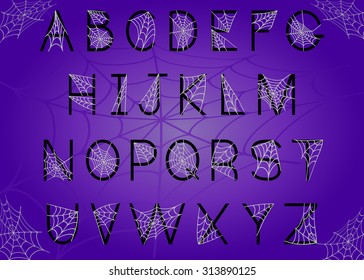 Set of letters with spider web. Halloween alphabet. Vector font