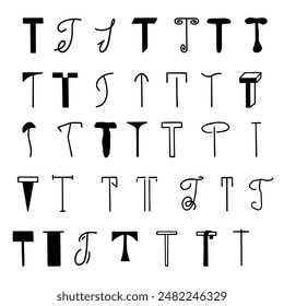 Set of letters T in different styles. Hand drawn lettering. Isolated on white background. Vector illustration.