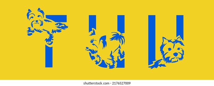 Set of letters T, U, V with Yorkshire terrier. Unusual decorative alphabet. Dog alphabet based on gestalt design