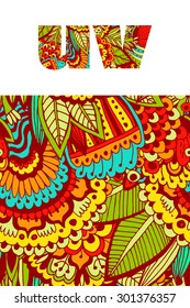 Set of letters u, v with bright floral pattern. Beautiful hand-drawn letters with a pattern. The oriental style. Tribal style. Summer floral ABC element in vector
