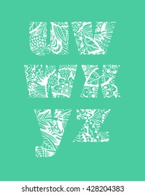 Set of letters u, v, w, x, y, z with white floral pattern. Beautiful hand-drawn letters with a pattern. The oriental style. Tribal style. Summer floral ABC element in vector