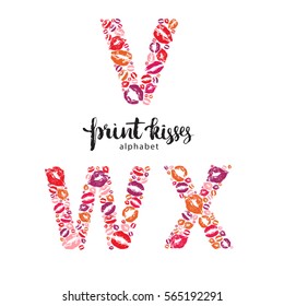 Set of letters V, W and X made from print kisses, part of a complete alphabet collection for your writing or design