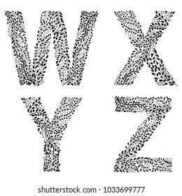 Set of  letters  W, X, Y and Z, made with hand drawn leaves, vector illustration, part of collection