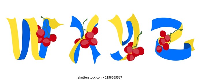 A set of letters W, X, Y, Z from a blue-yellow ribbon with a red tassel of viburnum. Traditional symbols of Ukraine.