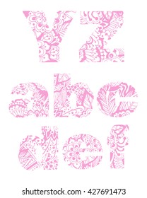 Set of letters Y, Z, a, b, c, d, e, f with pink floral pattern. Beautiful hand-drawn letters with a pattern. The oriental style. Tribal style. Summer floral ABC element in vector