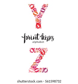 Set of letters Y and Z made from print kisses,  part of a complete alphabet collection for your writing or design