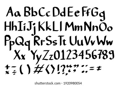 Set Of Letters.Hand Drawn Alphabet.English Font And Number.Sign From Marker Pen Or Brush.