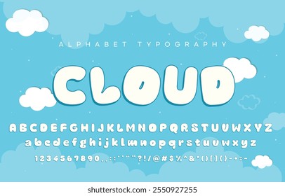 Conjunto de letras. Alfabeto dibujado a mano. Fuente y número en inglés. Cielo azul o concepto de invierno. Nublado signo, símbolo, icono o logotipo aislado.