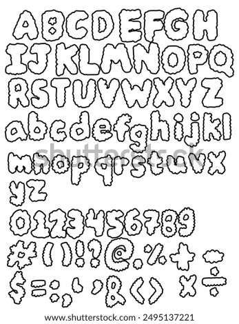 Set of letters.Line cloud alphabet.Hand drawn doodle.English font and number.Cloudy.Bubble Graffity type.Cute typography.Sign, symbol, icon or logo isolated.Cartoon vector illustration.Flat design.