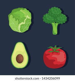 set of lettuce with broccoli and avocado and tomato