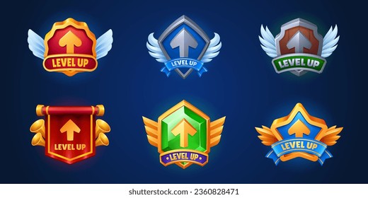 Set of level up badges isolated on background. Vector cartoon illustration of game progress award, red banner with trumpets, wooden, iron, golden gemstone shield with wings and ribbon decoration