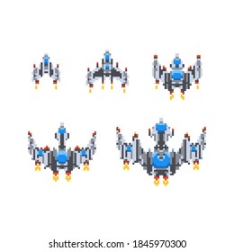 Set of level up of cute little spaceships, vintage game hero in pixel art style isolated on white