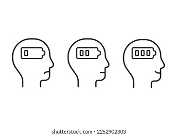 Set level energy person with battery from low tired in full happy, line icon. People with low charge and lack battery energy and human strong power sign with high energy. Burnout, stress. Vector