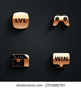 Set Level game, Game controller or joystick, Chest for and Medal icon with long shadow. Vector