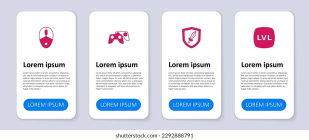 Establecer juego de nivel, Espada para, joystick del controlador de juegos y ratón del equipo. Plantilla de infografía empresarial. Vector