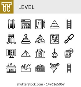 Set of level icons such as Filter, Ladder, Slider, Scoring, Pyramid, Pyramids, Chisel, Ink level, Battery, Neutral, Adjustment, Painting tools, High score , level