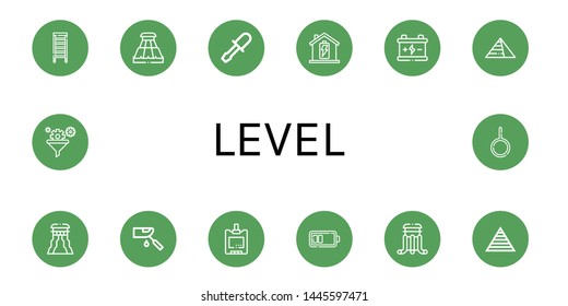 Set of level icons such as Ladder, Slider, Chisel, Battery, Pyramids, Glucosemeter, Sugar blood level, Pyramid, Filter, Neutral , level