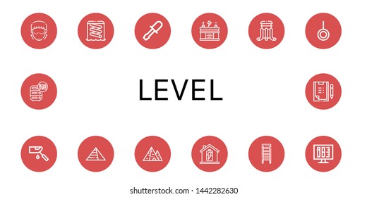 Set of level icons such as Lifting, Slider, Chisel, Battery, Neutral, Glucosemeter, Pyramids, Pyramid, Ladder, Ink level, Adjustment, Scoring , level