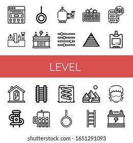 Conjunto de iconos de nivel. Tales como Slider, herramientas de pintura, Neutral, Batería, Filtro, Niveles, Puntuación Alta, Pirámide, Ajuste, Nivel sanguíneo de azúcar, Escalera, Ascensor, Pirámides , iconos de nivel