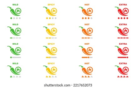 Set of level spice chili vector icons. Labels with level spicy pepper with mild to extra. Vector 10 Eps.