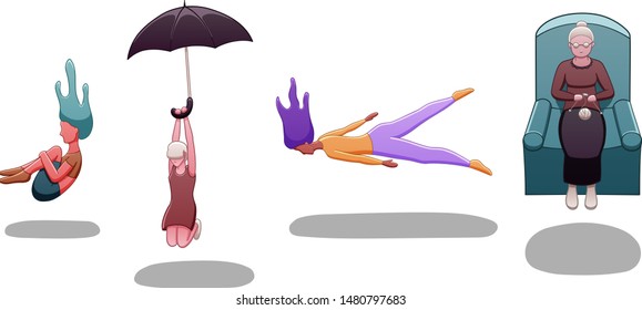 Set of levitating red-skinned girl, girl with black umbrella, girl with purple hairs and knitting elderly woman in the armchair. There are shadows below them on the ground. White background, vector.