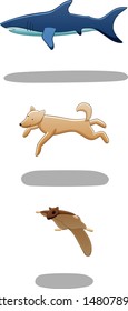 Set of levitating shark, dog and flying squirrel. There are shadows below them on the ground. White background, vector.