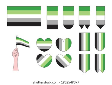 
set of lgbt aromantic pride flags, hearts and symbols, vector illustration