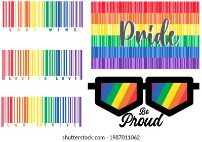 set of lgbt barcode, pride flag, lgbq glass