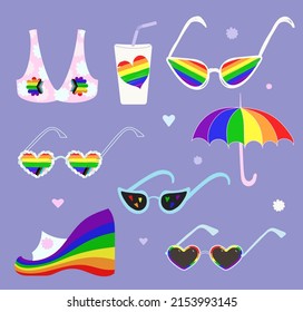 Conjunto de artículos de verano lgbt beach. Ilustración vectorial.