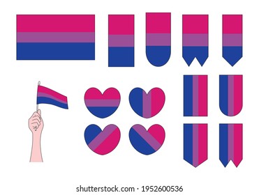
conjunto de banderas de orgullo bisexual lgbt, corazones y símbolos, ilustración vectorial