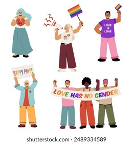 Set of LGBT community people. Men and women hold posters for human rights with LGBT rainbow. Acceptance and tolerance. Protest against discrimination. Vector illustration isolated on white background.