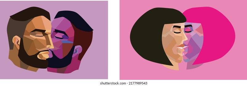 Set of LGBT couple.Cute young women and men. Pair of romantic partners on date. Homosexual relationship of men and women.illustration for Valentine's Day.