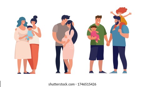 A set of LGBT couples and couples with children, gays, lesbians, a traditional pregnant couple. Relations and rights of homosexual partners. Vector illustration in a flat cartoon style