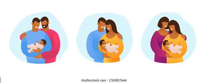 A set of LGBT couples and couples with children, gays, lesbians, a traditional pregnant couple. Relations and rights of homosexual partners. Vector illustration in a flat cartoon style