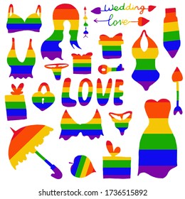 A set of LGBT elements. Dress, tie, key, lock, swimsuit, umbrella, scarf in rainbow colors. lgbt community. Cute elements in Doodle style. Vector isolated illustration for gay couples.