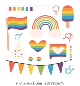 Conjunto de elementos lgbt. Ilustración vectorial. Estilo plano. Colección dibujada a mano de elementos lgbt. Mes del orgullo.