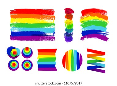 Set of LGBT flag, circle and color spots against homosexual discrimination. Hand drawn. Rainbow. Vector illustration. Isolated on white background