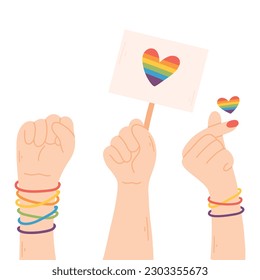 Set of LGBT hands up. Vector illustration. Flat style. Hand drawn collection of lgbt elements. Pride month.
