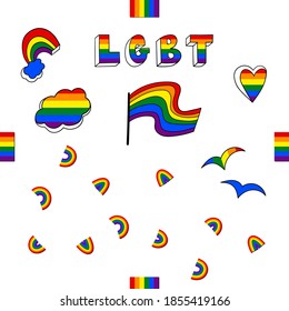Set of LGBT icons. Flag LGBT, hearts, rainbow. Template design, vector illustration. Love wins. Geometric shapes in the colors on the rainbow. Colorful symbols. Gay pride collection. Banner.