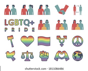 set of LGBT icons. Such as rainbow flag, heart, family, couple, law, legal, peace, lgbtq icons.