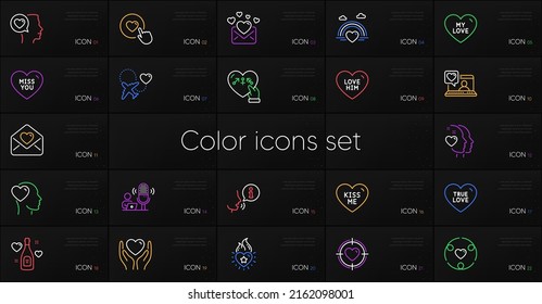 Set of Lgbt, Kiss me and Hold heart line icons. Include Friends chat, Valentine target, Love letter icons. Like button, Genders, Friend web elements. Love champagne, Inclusion, Miss you. Vector